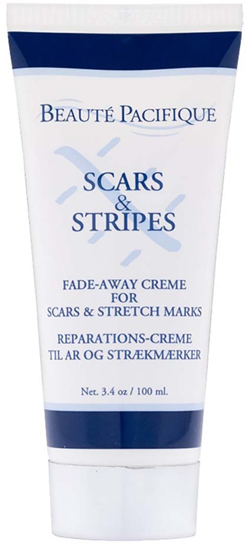 Tube mit Creme gegen Narben und Dehnungsstreifen, blauer und weißer Design, beschriftet 'Beauté Pacifique' und 'Scars & Stripes.'