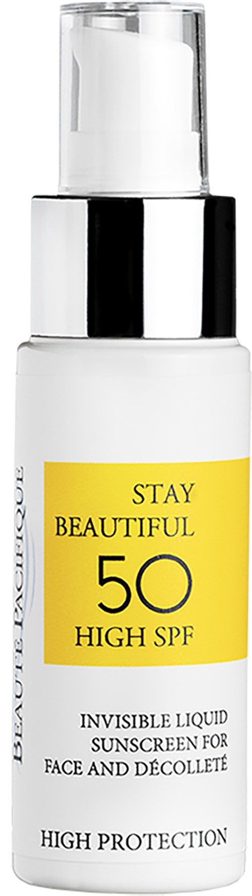 A white bottle with a yellow label says "Stay Beautiful 50 High SPF," with a pump top for sunscreen.