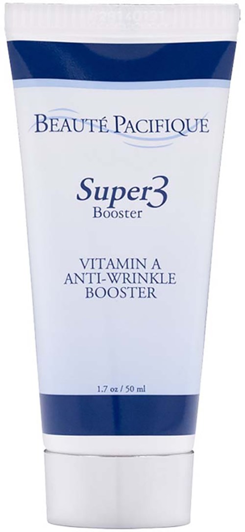 A tube of skincare product labeled 'Super3 Booster' with Vitamin A, for anti-wrinkle and skin enhancement.