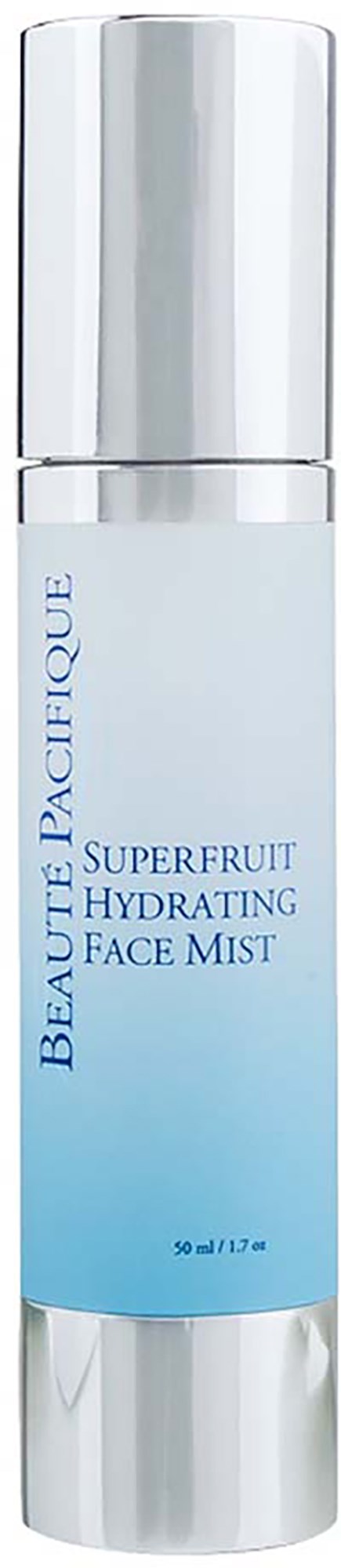 A white and blue facial mist bottle with a silver cap, labeled as Beauté Pacifique Superfruit Hydrating Face Mist.
