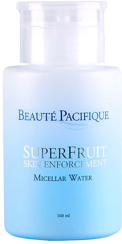 A light blue bottle labeled 'Superfruit Micellar Water' from Beauté Pacifique, size 160 ml.