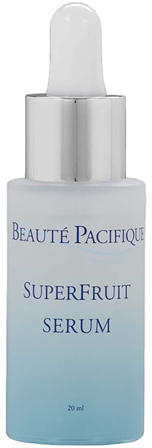 En vit och blå flaska med serum och pipettlock, märkt 'Beauté Pacifique SuperFruit Serum', 20 ml.