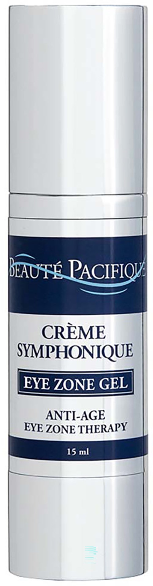 A white bottle with a blue label, stating it's an eye gel for anti-aging and therapy.