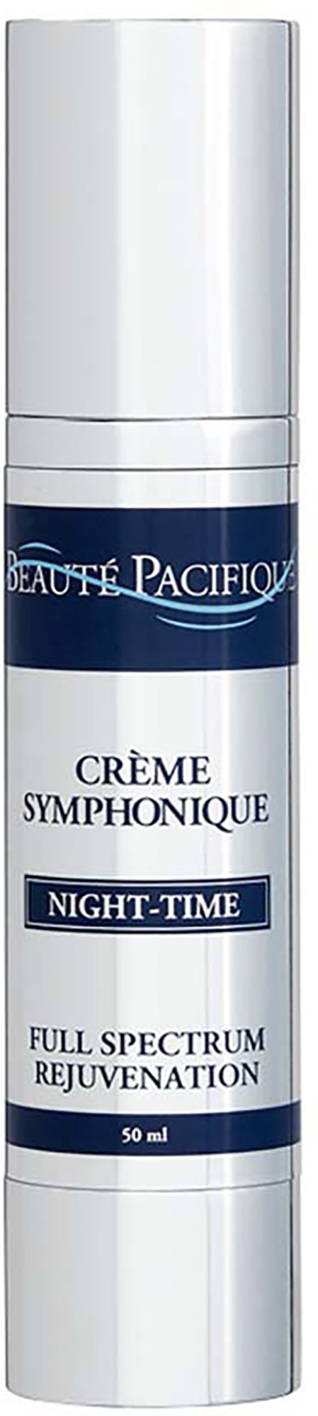 En vit flaska med blå etikett, kallad 'Crème Symphonique Night-Time' för hudvård, 50 ml, helspektrum förnyelse.