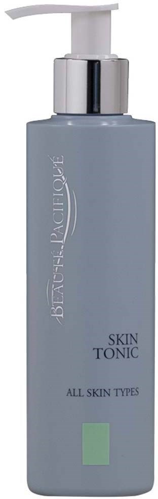 A light blue bottle with a pump, labeled "THE PACIFIC BELIEVE SKIN TONIC ALL SKIN TYPES."