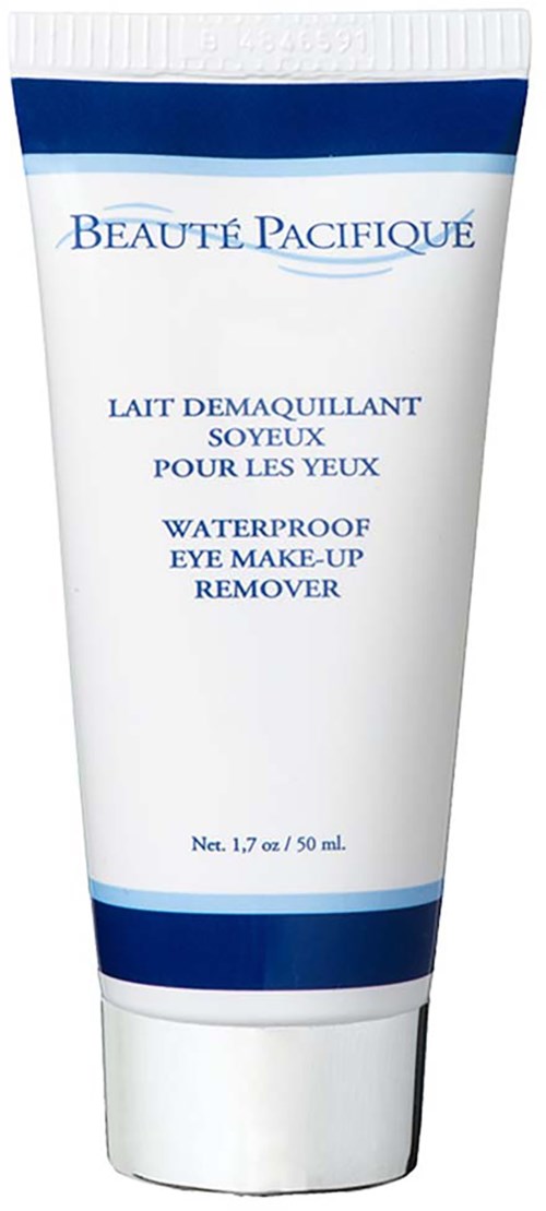 Een witte tube met blauwe accenten, gelabeld 'Waterproof Eye Make-up Remover' in het Engels en Frans, van Beauté Pacificque.