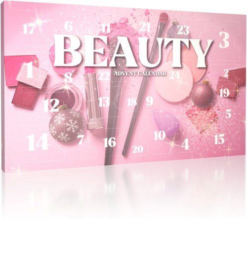 Pink beauty advent calendar with makeup and decorative ornaments, numbered doors for each day.