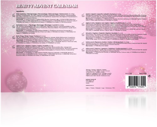 A pink Beauty Advent Calendar with a list of beauty products and ingredients, plus a barcode and festive decorations.