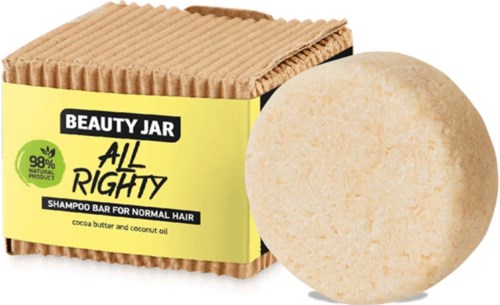 A shampoo bar called Beauty Jar All Righty, made for normal hair with cocoa butter and coconut oil. Shown with a cardboard case.