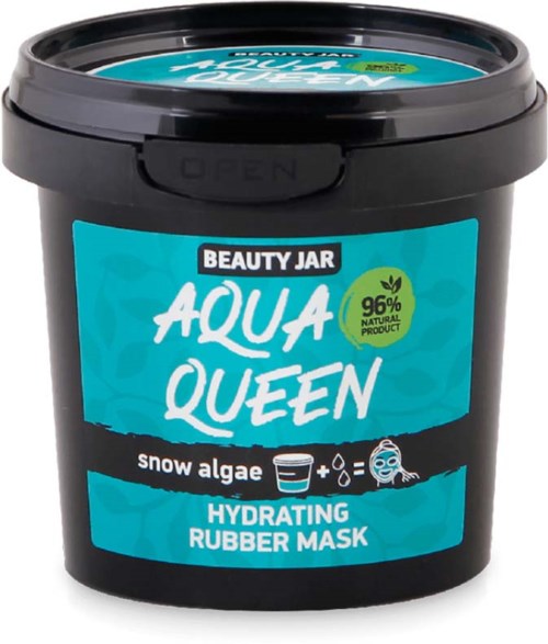 Een zwarte container met een blauwe label geeft aan dat het een hydraterende rubber masker is met sneeuwalg, 96% natuurlijke ingrediënten, en een schroefdeksel.