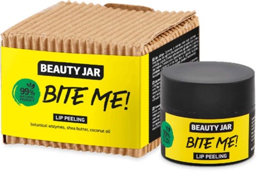 Ein Lippenpeeling-Produkt in einer gelben Verpackung, labeled 'Bite Me!'. Enthält natürliche Inhaltsstoffe wie Sheabutter.