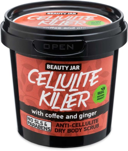 Behälter mit trockenem Körperpeeling mit Kaffee und Ingwer, als Anti-Cellulite und ohne Parabene.