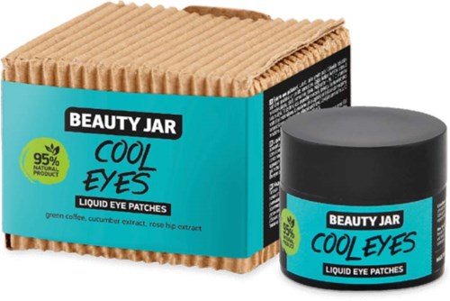 Ein Behälter und eine Dose mit Beauty-Augenpflastern, gekennzeichnet als kühlend mit natürlichen Inhaltsstoffen wie grünem Kaffee und Gurke.