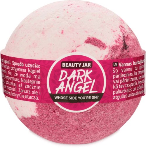 A round bath bomb with pink and white colors, labeled 'Dark Angel' by Beauty Jar. It has text in multiple languages.