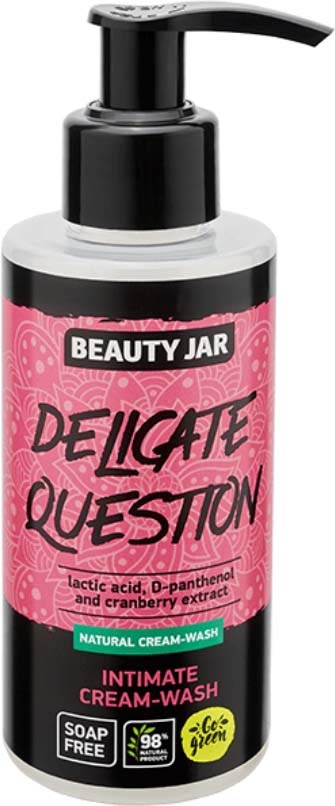 Rosa og svart flaske merket 'Beauty Jar' med pumpe, inneholder intim kremvask, uten såpe, med naturlige ingredienser.