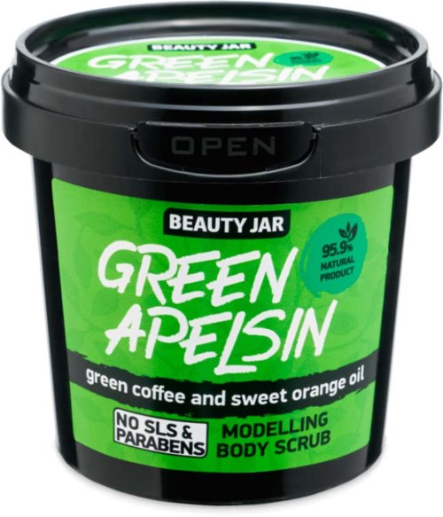 Schwarzer Behälter mit grünem Etikett für Körperpeeling, mit Orange und Kaffeeöl, keine Parabene oder SLS, Naturprodukt.