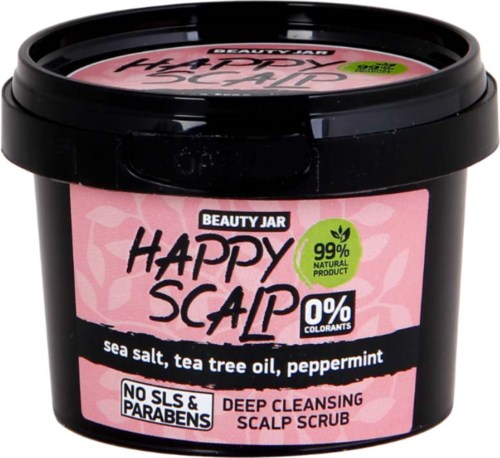 En svart rund beholder som er merket 'Happy Scalp' med rosa og svart etikett, inneholder hodebunnsskrubb med havsalt, tee tree olje og peppermynte.