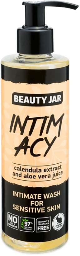 Eine Flasche mit 'Beauty Jar Intimacy' Beschriftung und Pumpe, enthält Intimwaschmittel für empfindliche Haut mit Calendula und Aloe Vera.