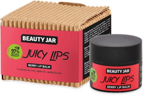 Beauty jar Juicy Lips Beeren Lippenbalsam mit natürlichen Inhaltsstoffen, in einem Glas und einer Box.
