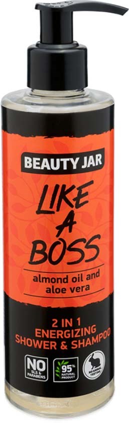 En flaska för dusch och schampo med orange och svart etikett, kallad 'Like a Boss', innehåller mandelolja och aloe vera.