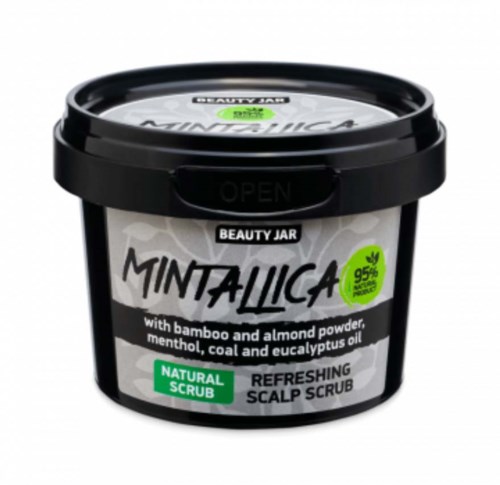 Schwarzer Behälter mit Mintallica Kopfhautpeeling mit Bambus, Mandelpulver, Menthol, Eukalyptusöl und grünem Etikett.