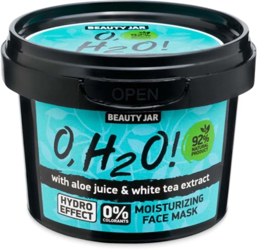A blue container labeled 'O, H2O!' with aloe and white tea extract, indicating it is a moisturizing face mask.