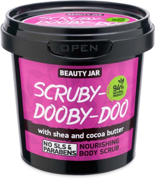 Ein pink-schwarzer Behälter mit 'Scrub-Doby-Doo' und Sheabutter sowie Kakaobutter, fördert natürliche Inhaltsstoffe und frei von schädlichen Chemikalien.