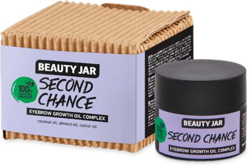Ein Kosmetikprodukt namens Second Chance für das Wachstum der Augenbrauen, in einem Tiegel und einer Schachtel, mit natürlichen Inhaltsstoffen wie Kokos- und Mandelöl.