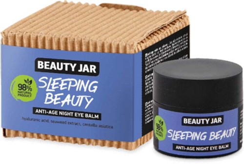 Ein Glas und eine Schachtel mit der Aufschrift 'Sleeping Beauty' Nachtbalsam mit natürlichen Inhaltsstoffen, für Anti-Aging-Hautpflege.