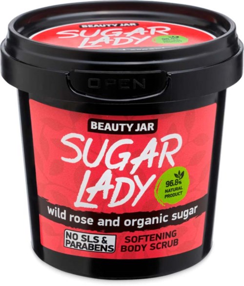 Ein roter und schwarzer Behälter mit der Aufschrift 'Sugar Lady' mit Bio-Zucker, ohne SLS oder Parabene.