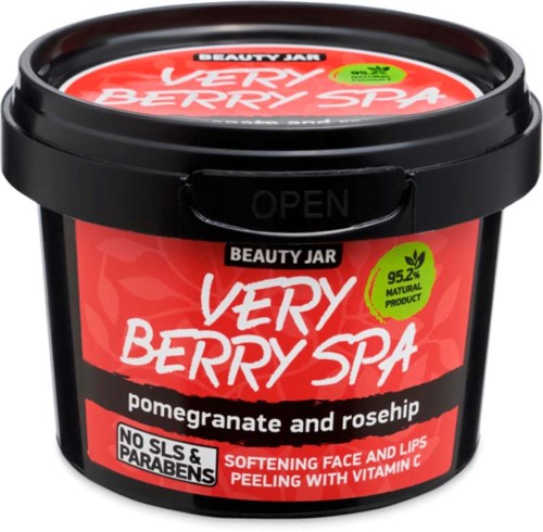 A black container with red and white label. It is called "Very Berry Spa" and contains pomegranate and rosehip. It notes it is a natural product with vitamin C.