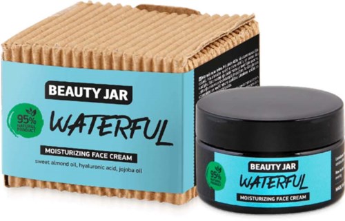 Ein Schönheitsprodukt namens Waterful feuchtigkeitsspendende Gesichtscreme in einem Glas und einer Schachtel. Die Verpackung ist blau mit schwarzem und weißem Text.