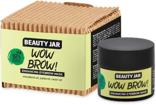 A container with a black lid and a cardboard box, both labeled "Beauty Jar Wow Brow!" for eyebrow grooming, on a white background.