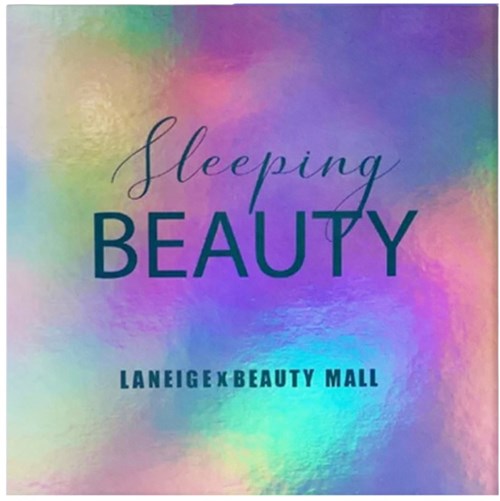 Het logo heeft regenboogkleuren met de woorden "Sleeping Beauty" en "Laneige x Beauty Mall" in stijlvolle lettertypen.