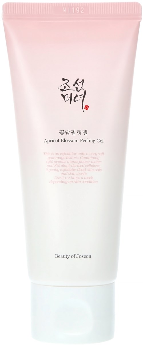 Pink and white tube of Apricot Blossom Peeling Gel, with Korean text and 'Beauty of Joseon' label.