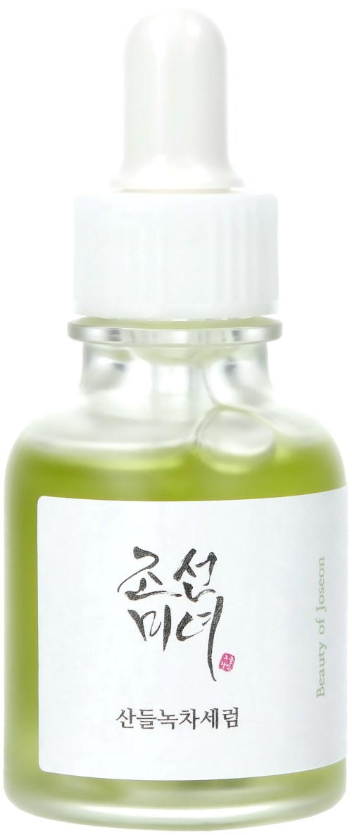 Een klein groen flesje met druppelaar en Koreaanse tekst op het label.