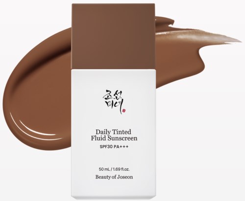 A white bottle with brown cap, labeled 'Daily Tinted Fluid Sunscreen,' with a brown sunscreen smear behind it.