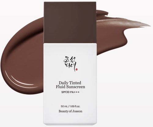 A bottle of daily tinted fluid sunscreen with SPF 30 and PA+++ on a white background, showing swatches of product.