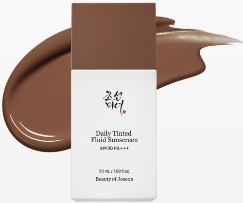 A white bottle with brown cap and product name, showing tinted sunscreen with SPF 30, surrounded by a smear of brown sunscreen.