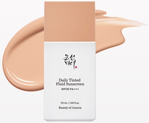 A sunscreen bottle labeled 'Daily Tinted Fluid Sunscreen' with SPF 30, placed in front of a smear of beige liquid.