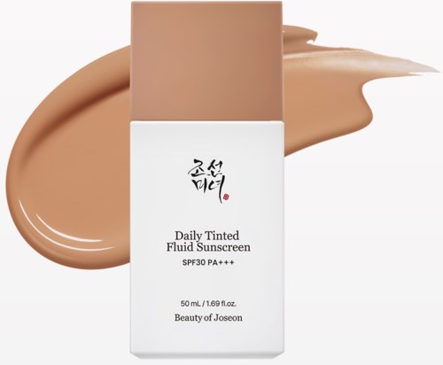 A bottle of sunscreen with beige liquid, label says Daily Tinted Fluid Sunscreen, SPF30, from Beauty of Joseon.