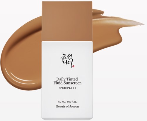 Box and swatch of beige tinted fluid sunscreen with SPF 30 and PA+++. The brand: Beauty of Joseon.