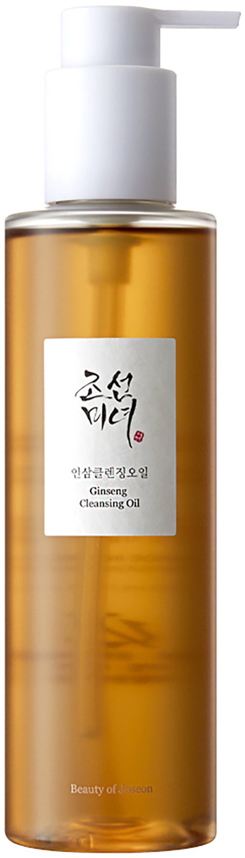 Eine klare Flasche mit weißem Pumpen, gefüllt mit goldenem Öl, beschriftet "Ginseng Cleansing Oil".