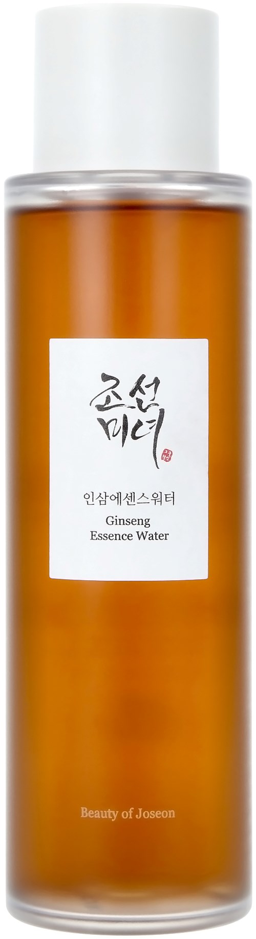 Een lange, heldere fles met een oranje vloeistof en een witte dop, gelabeld met Koreaanse en Engelse tekst voor Ginseng Essence Water.