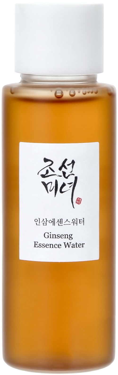Eine kleine braune Flasche mit weißem Deckel und Etikett mit der Aufschrift Ginseng Essence Water, koreanischer Text auf dem Etikett.
