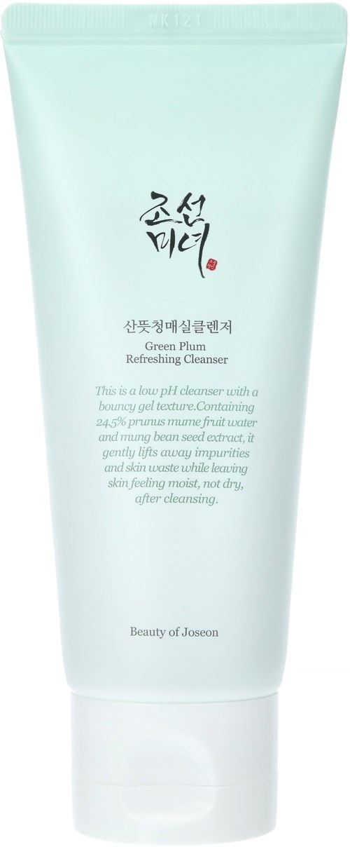 A light green tube with Korean writing, describing a refreshing cleanser with natural ingredients and Korean beauty branding.