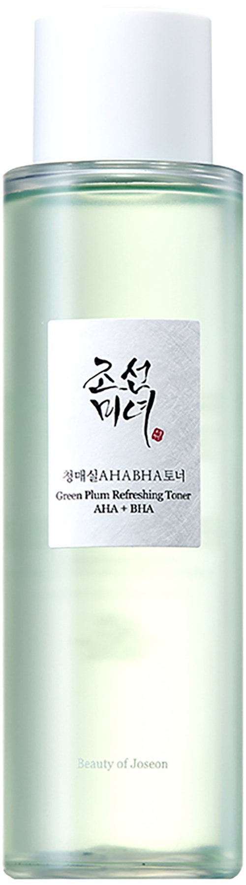 A tall, clear bottle with a white cap, containing a light green liquid, labeled in Korean and English for toner.