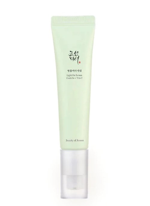 Een tube huidverzorgingsproduct met Koreaanse tekst en doorzichtige dop, gelabeld 'Beauty of Joseon' en 'Light Sun Screen'.