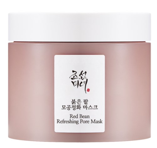 Ein rosa Behälter mit weißem Deckel, Etikett sagt 'Red Bean Refreshing Pore Mask'.