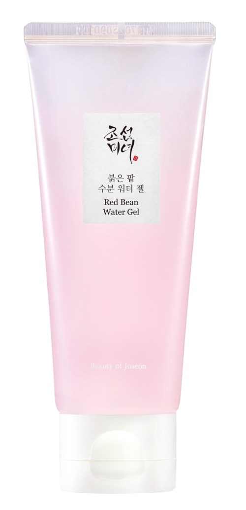 Roze tube met label 'Red Bean Water Gel' en Koreaanse tekens, lijkt een huidverzorgingsproduct te zijn.